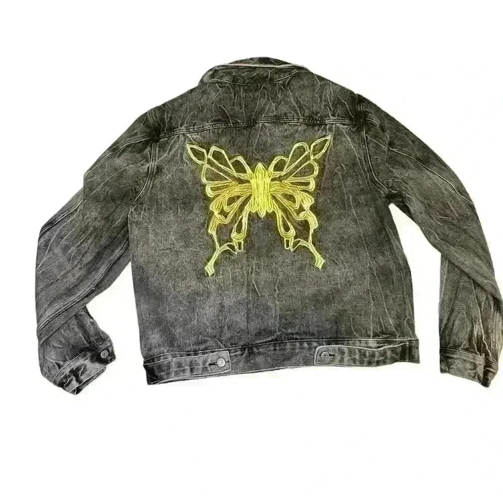 DMC Gray Denim Jacket Gold Butterfly Embroidery Boho Statement Women Size 8-10 - Picture 2 of 6